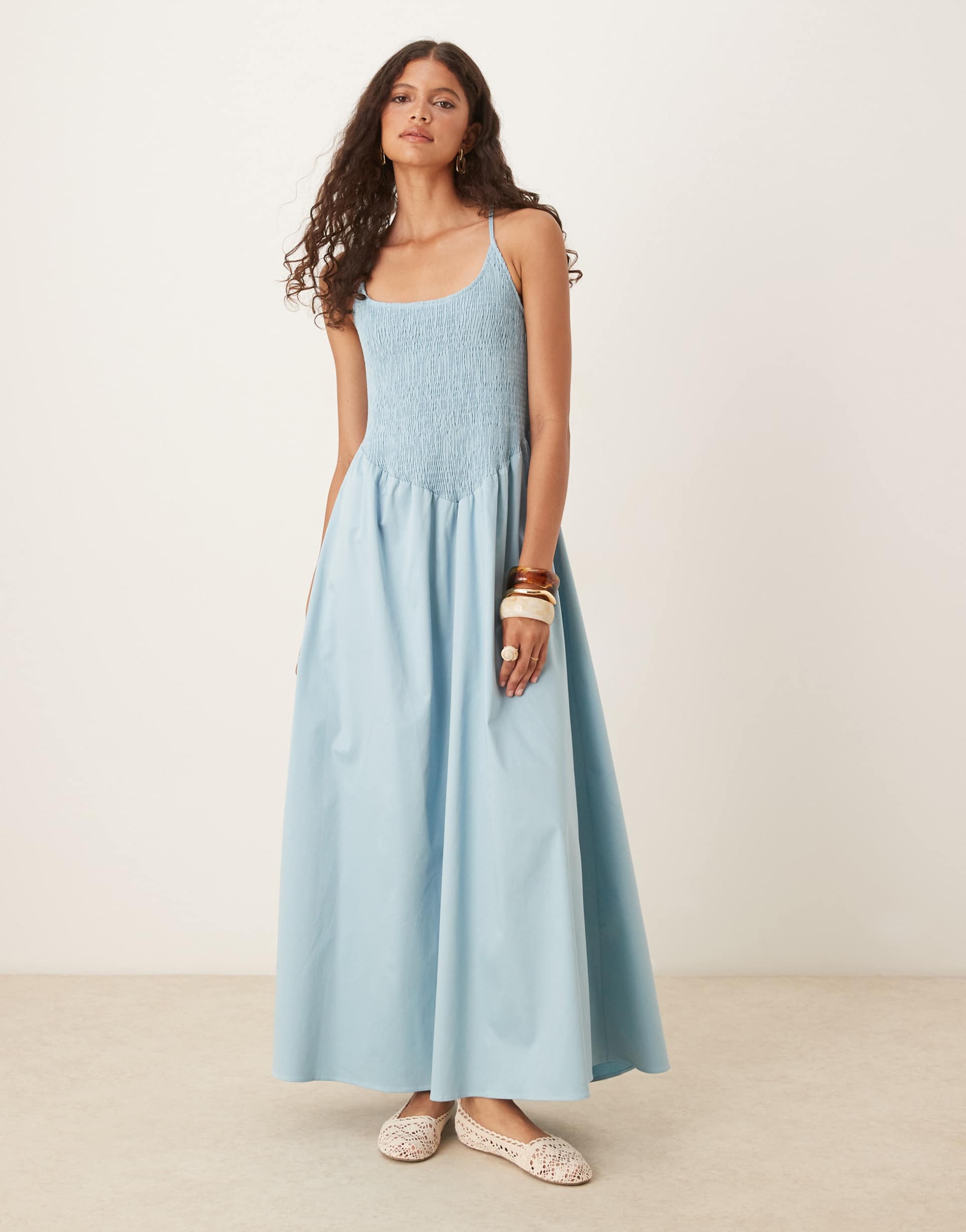 asos design scoop neck crinkle maxi sundress with cross back in steel blue
