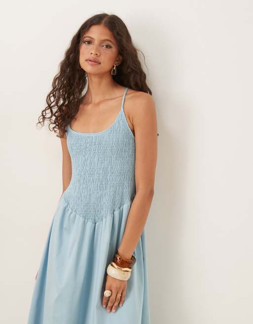 ASOS DESIGN scoop neck crinkle maxi sundress with cross back in steel blue, 2 of 4