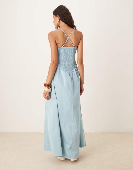 ASOS DESIGN scoop neck crinkle maxi sundress with cross back in steel blue, 3 of 4