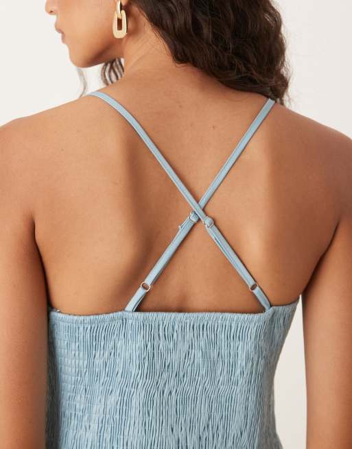 ASOS DESIGN scoop neck crinkle maxi sundress with cross back in steel blue, 4 of 4