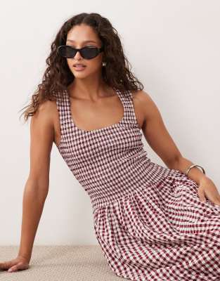 ASOS DESIGN scoop neck crinkle maxi sundress with shirred waist in burgundy and 