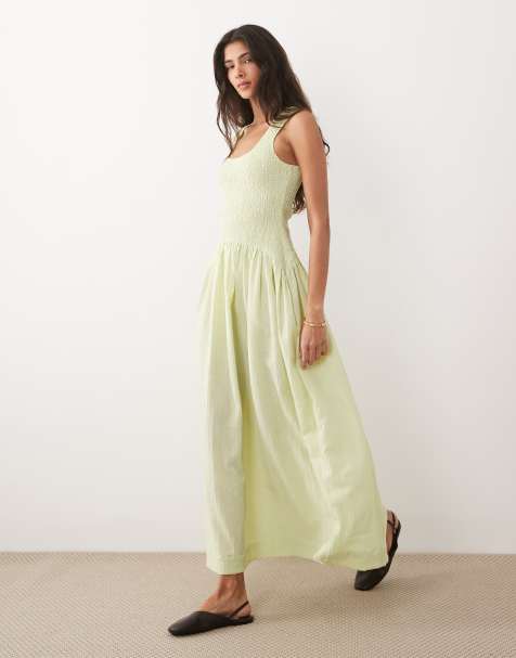 ASOS DESIGN scoop neck crinkle maxi sundress with shirred waist in lime - view 1