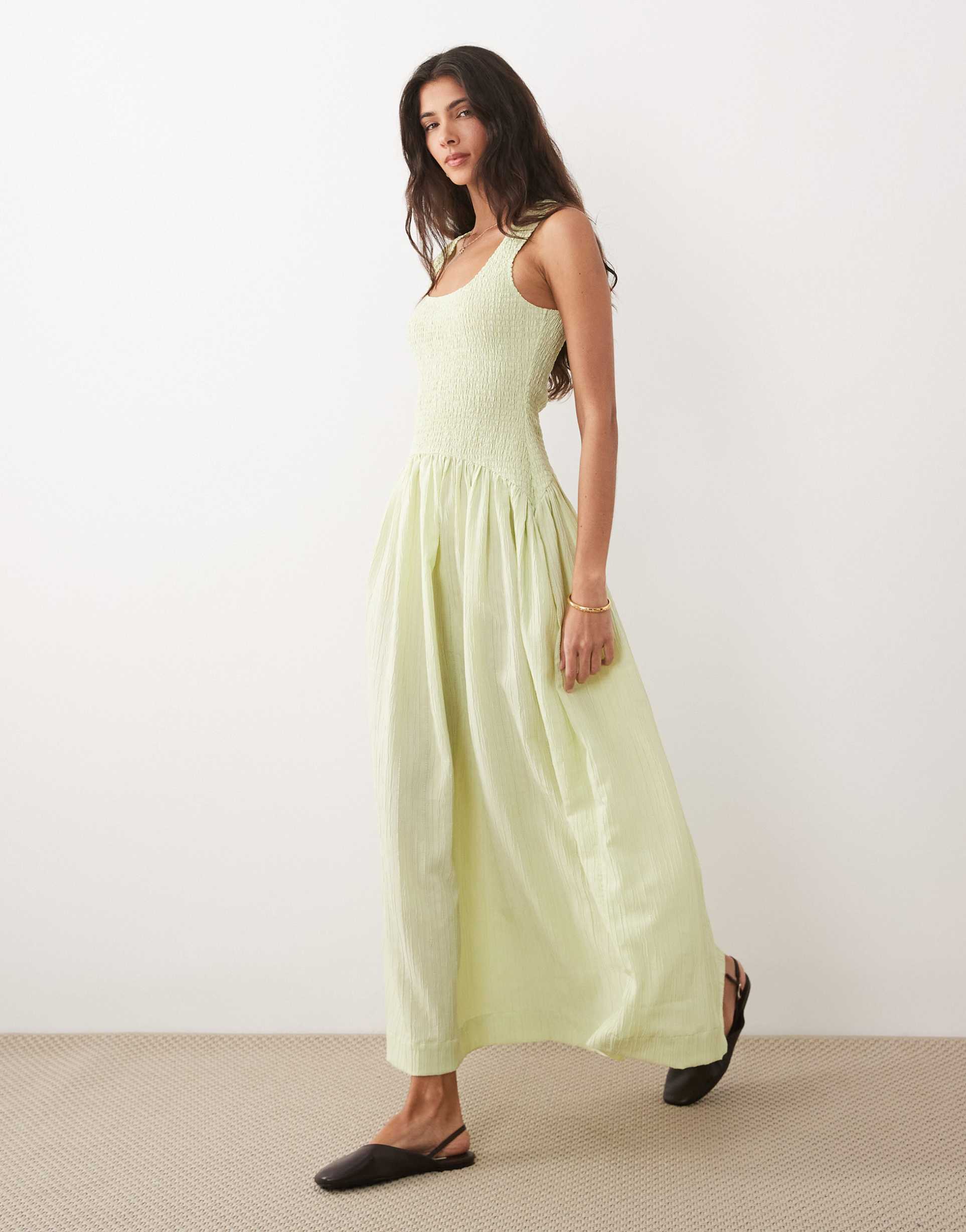 asos design scoop neck crinkle maxi sundress with shirred waist in lime