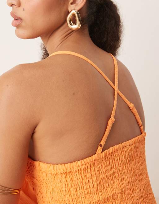 ASOS DESIGN scoop neck crinkle mini dress with cross back in papaya