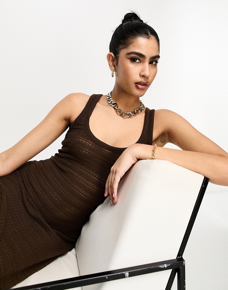 Asos Design Scoop Neck Crochet Maxi Dress In Chocolate-brown In Multi