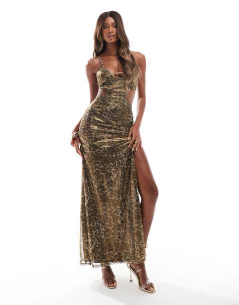 ASOS DESIGN scoop neck cut out metallic maxi dress in leopard print - view 1