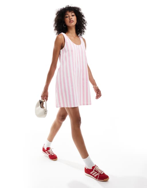 ASOS DESIGN scoop neck denim mini dress in pink and white deckchair stripe, 3 of 4