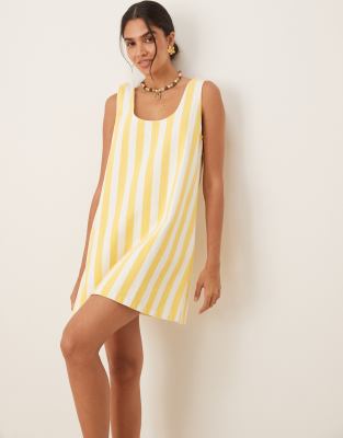 ASOS DESIGN scoop neck denim mini dress in yellow and white stripe - view 1