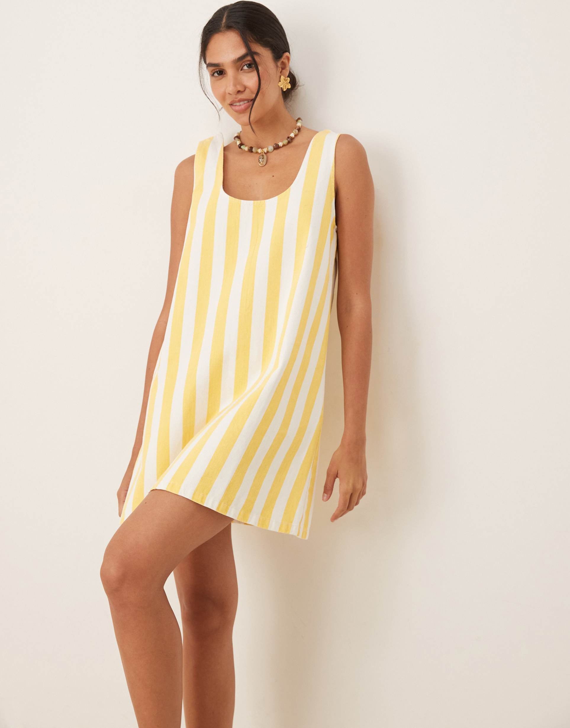 asos design scoop neck denim mini dress in yellow and white stripe
