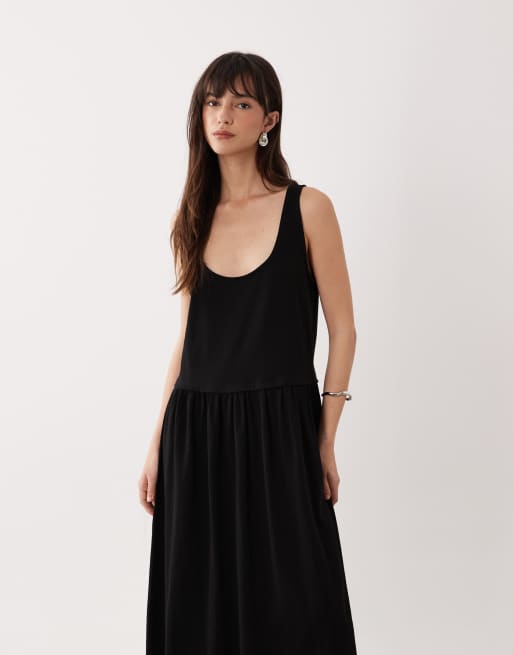 ASOS DESIGN scoop neck drop waist midi dress in black, 2 of 4