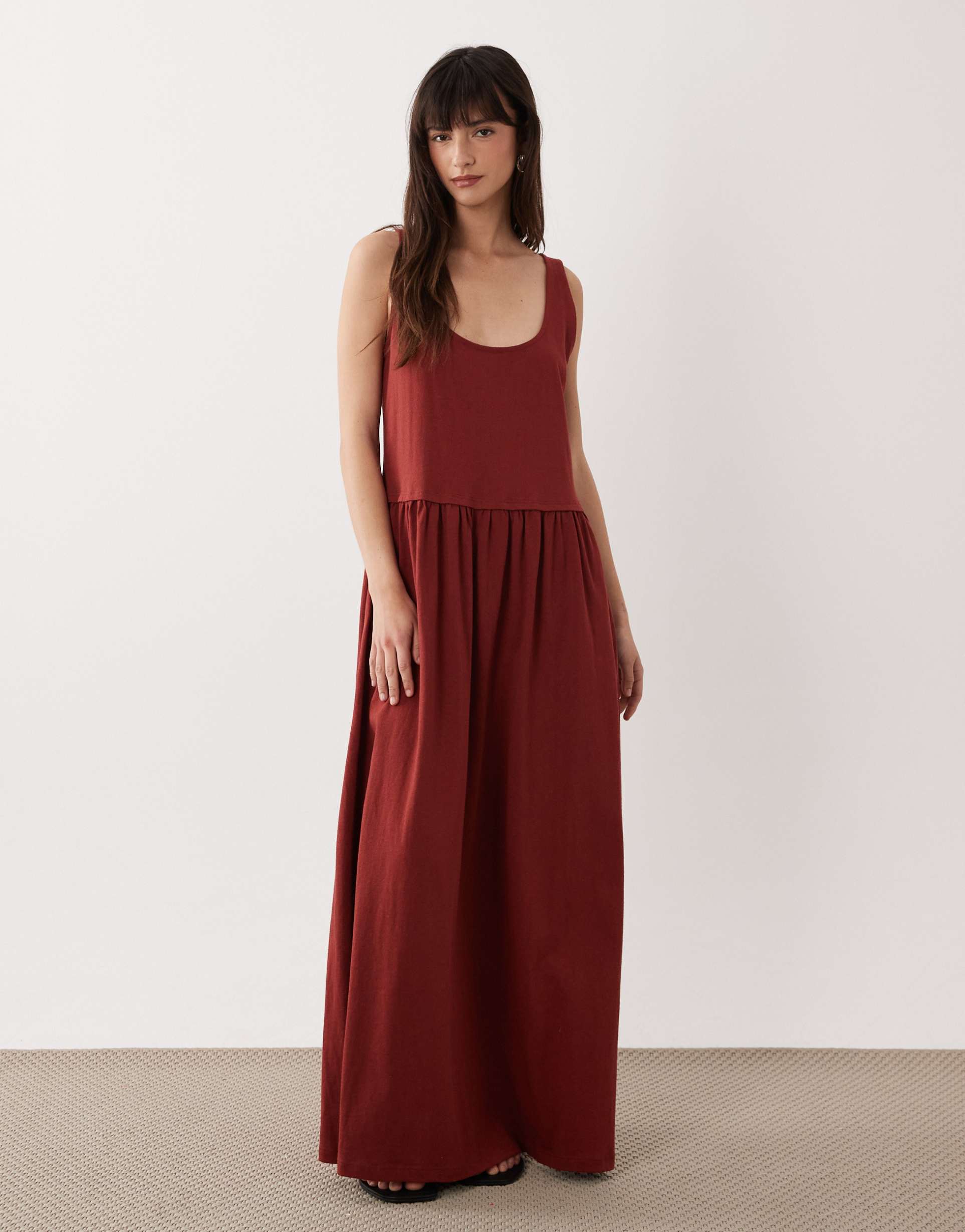 asos design scoop neck drop waist midi dress in rust