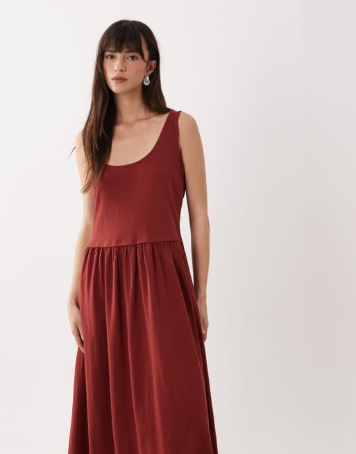 ASOS DESIGN scoop neck drop waist midi dress in rust, 2 of 4