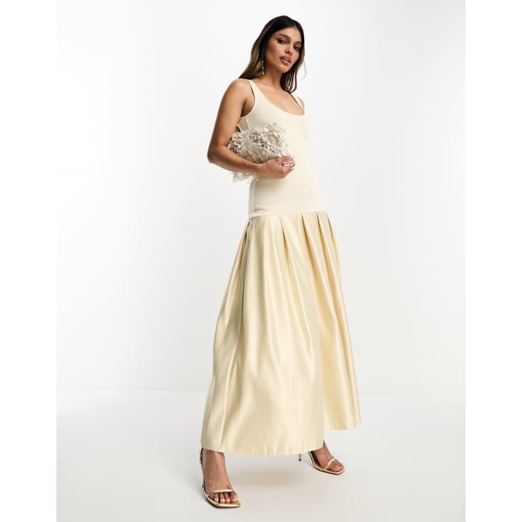 champagne satin off the shoulder draped skirt midi dress Champagne Ruched Off-Shoulder Midi Dress