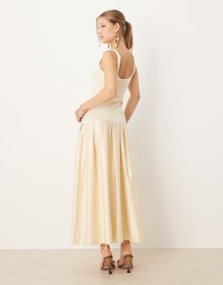 Asos Design Scoop Neck Drop Waist Midi Dress With Satin Skirt In Neutral