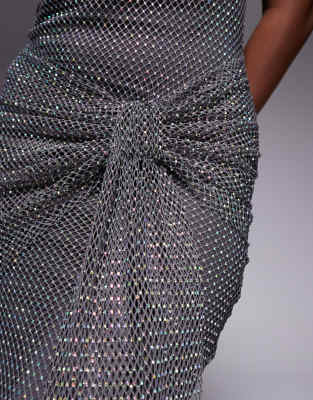 Asos Design Scoop Neck Fishnet Hotfix Embellished Midi Dress With Sash Detail Skirt In Gray