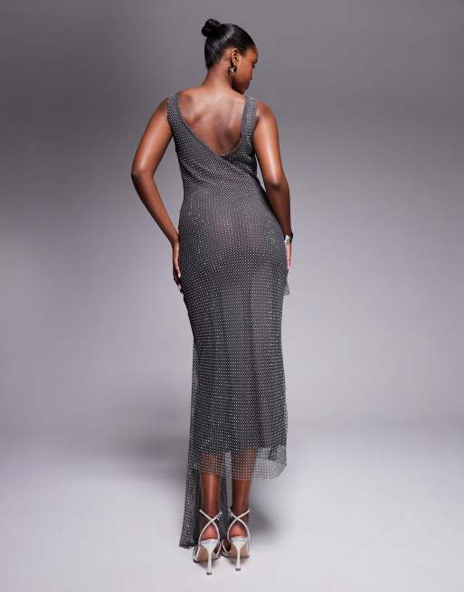 ASOS DESIGN scoop neck fishnet hotfix embellished midi dress with sash  detail skirt in charcoal | ASOS