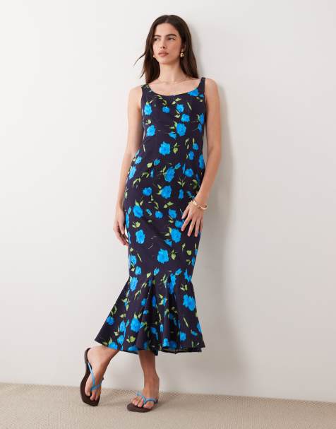ASOS DESIGN scoop neck fishtail godet midi sundress in black floral print 