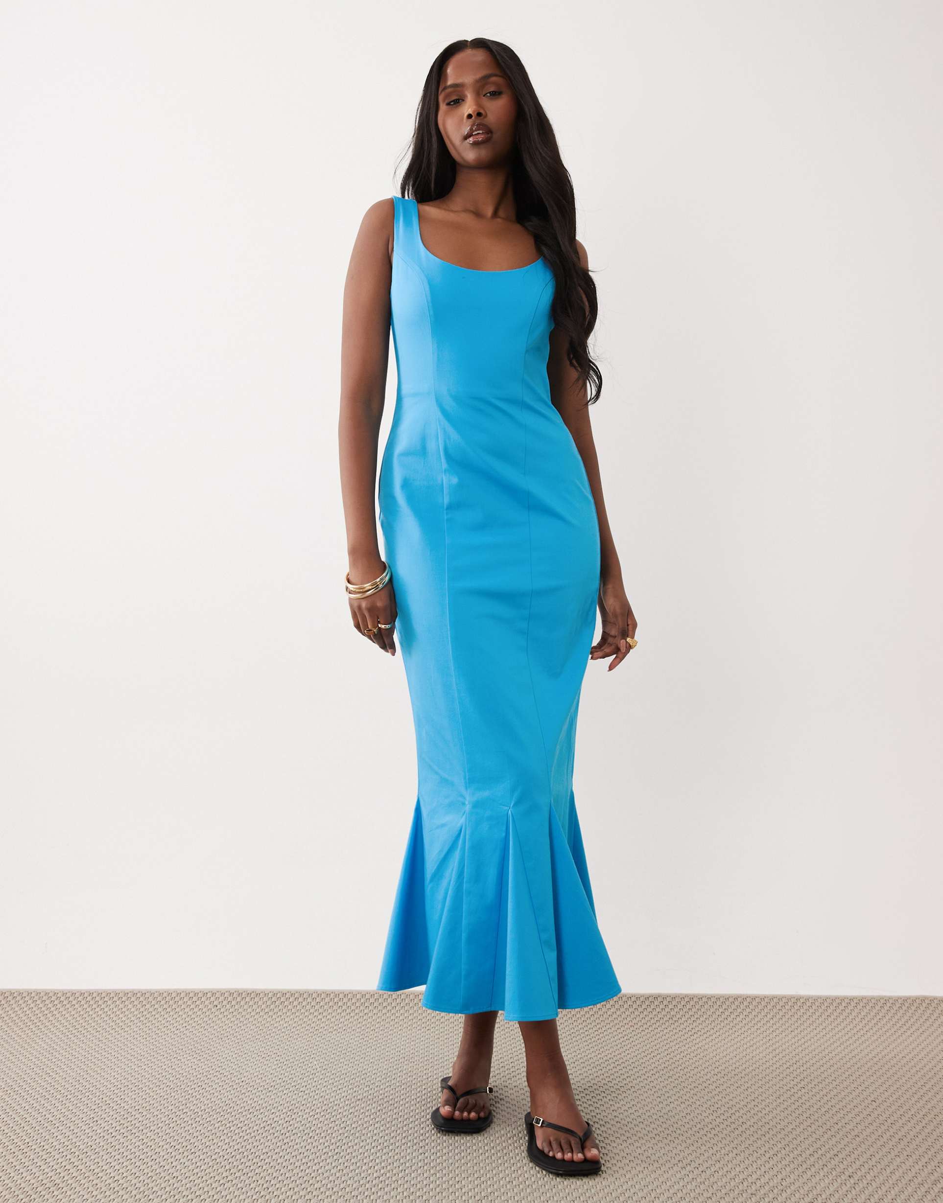 asos design scoop neck fishtail godet midi sundress in tropical turquoise