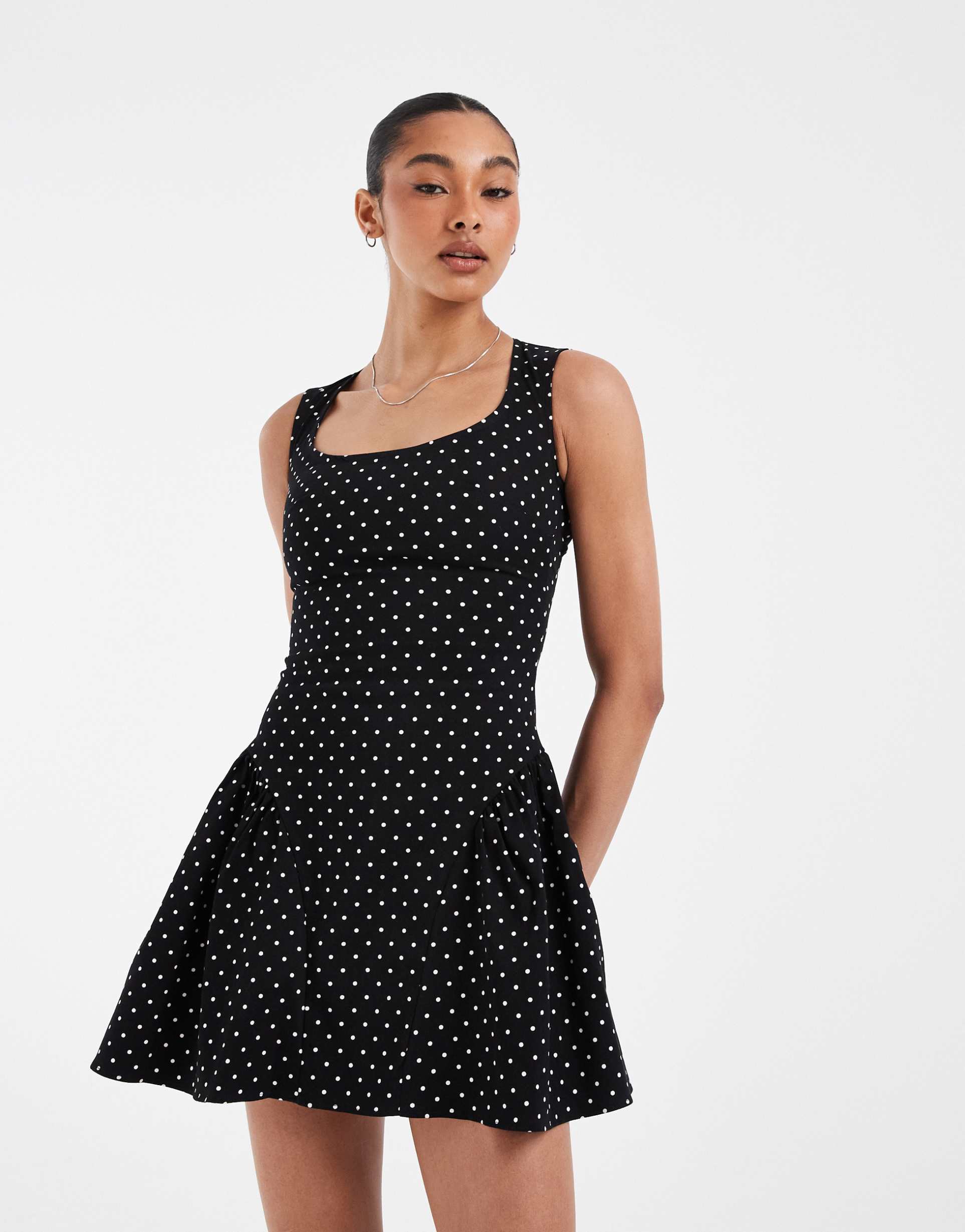 asos design scoop neck flippy mini dress in polka dot