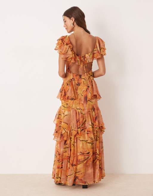 ASOS DESIGN scoop neck flutter sleeve ruffle tiered midaxi dress in yellow floral print
