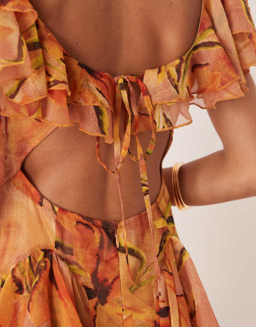 ASOS DESIGN scoop neck flutter sleeve ruffle tiered midaxi dress in yellow floral print, 3 of 4