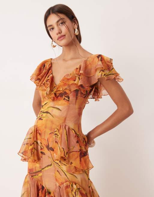 ASOS DESIGN scoop neck flutter sleeve ruffle tiered midaxi dress in yellow floral print