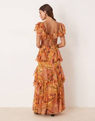 Asos Design Scoop Neck Flutter Sleeves Ruffle Tiered Midaxi Dress In Yellow