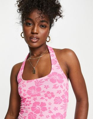 ASOS DESIGN scoop neck halter top in pink hawaiian print | ASOS