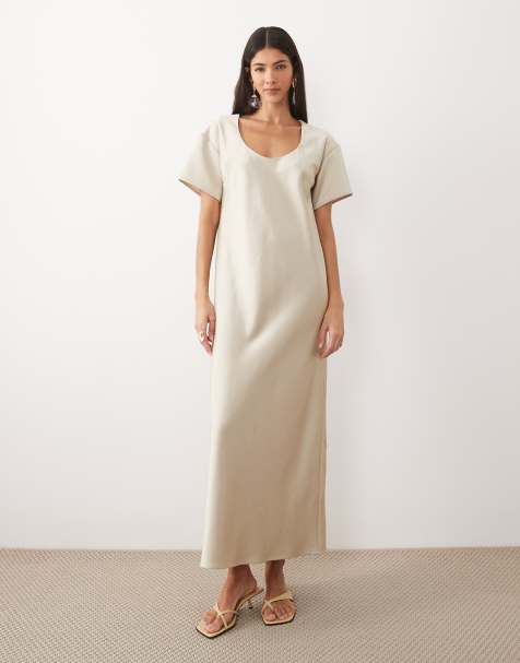 ASOS DESIGN scoop neck heavy satin midaxi dress in cream - view 1
