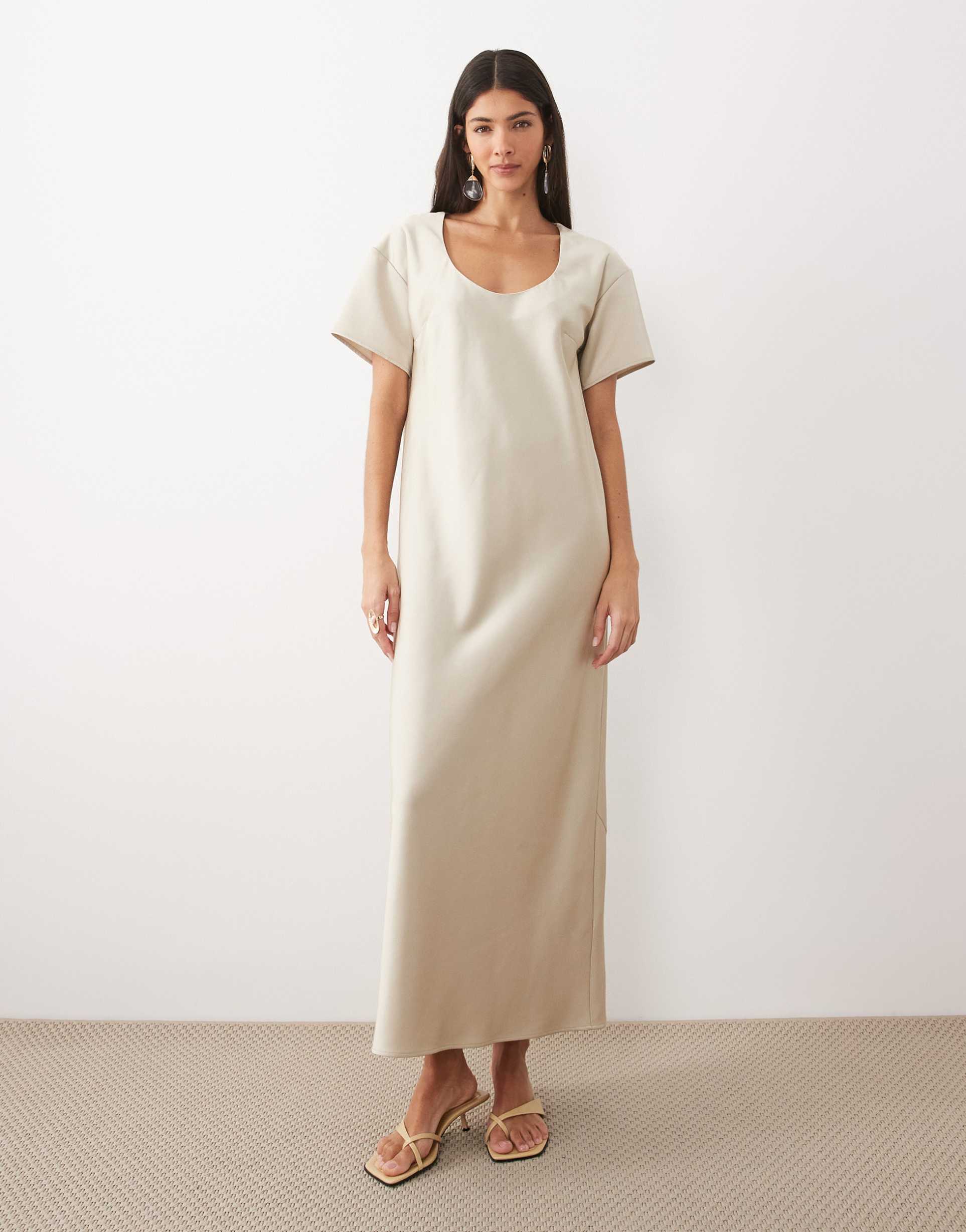 asos design scoop neck heavy satin midaxi dress in cream