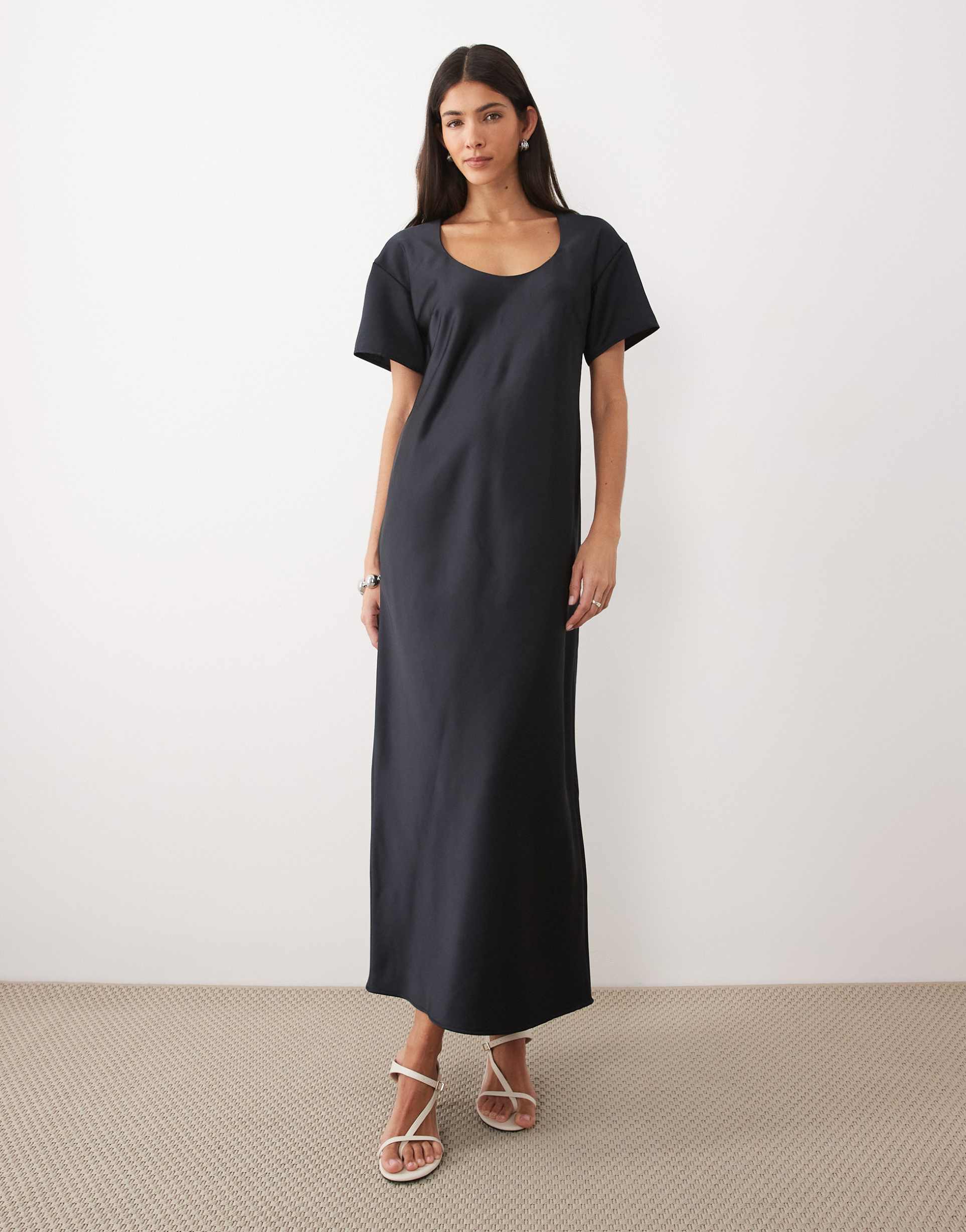 asos design scoop neck heavy satin midaxi dress in navy