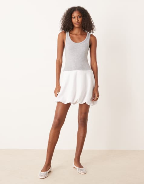ASOS DESIGN scoop neck hybrid bubble hem mini dress in gray and white - view 1