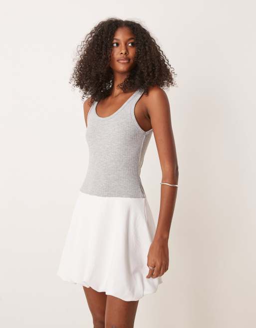 ASOS DESIGN scoop neck hybrid bubble hem mini dress in gray and white, 2 of 4