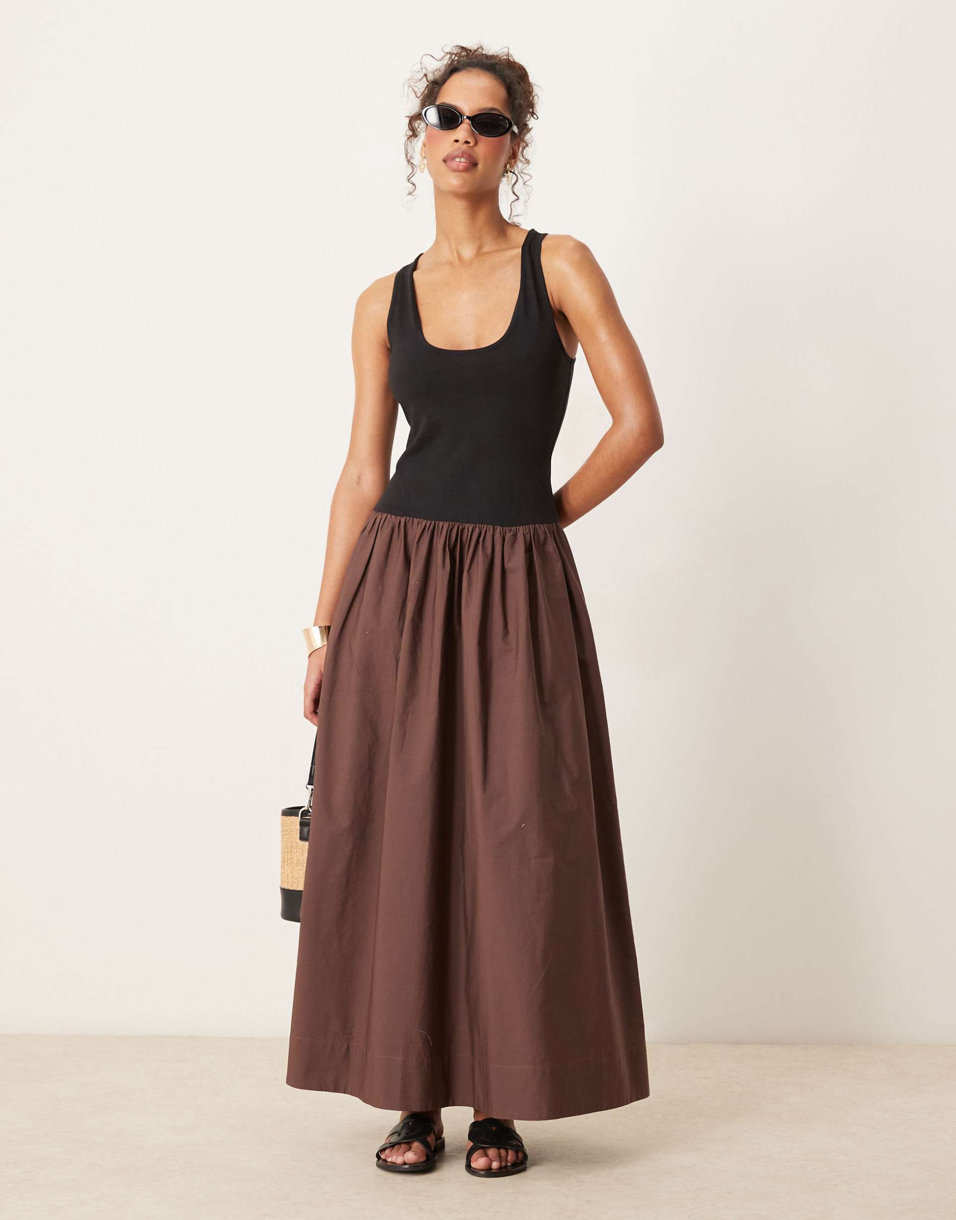 asos design scoop neck hybrid maxi dress in chocolate