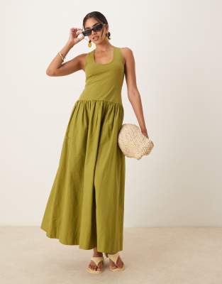 ASOS DESIGN scoop neck hybrid maxi dress in tonal olive - view 1
