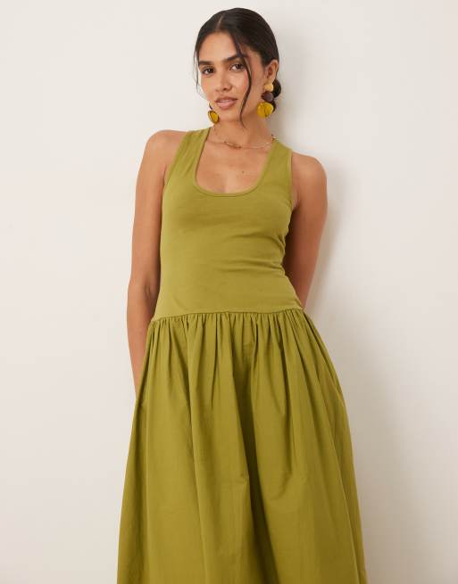 ASOS DESIGN scoop neck hybrid maxi dress in tonal olive