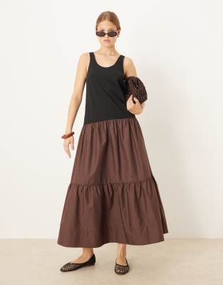 Asos Design Scoop Neck Hybrid Smock Maxi Dress In Brown