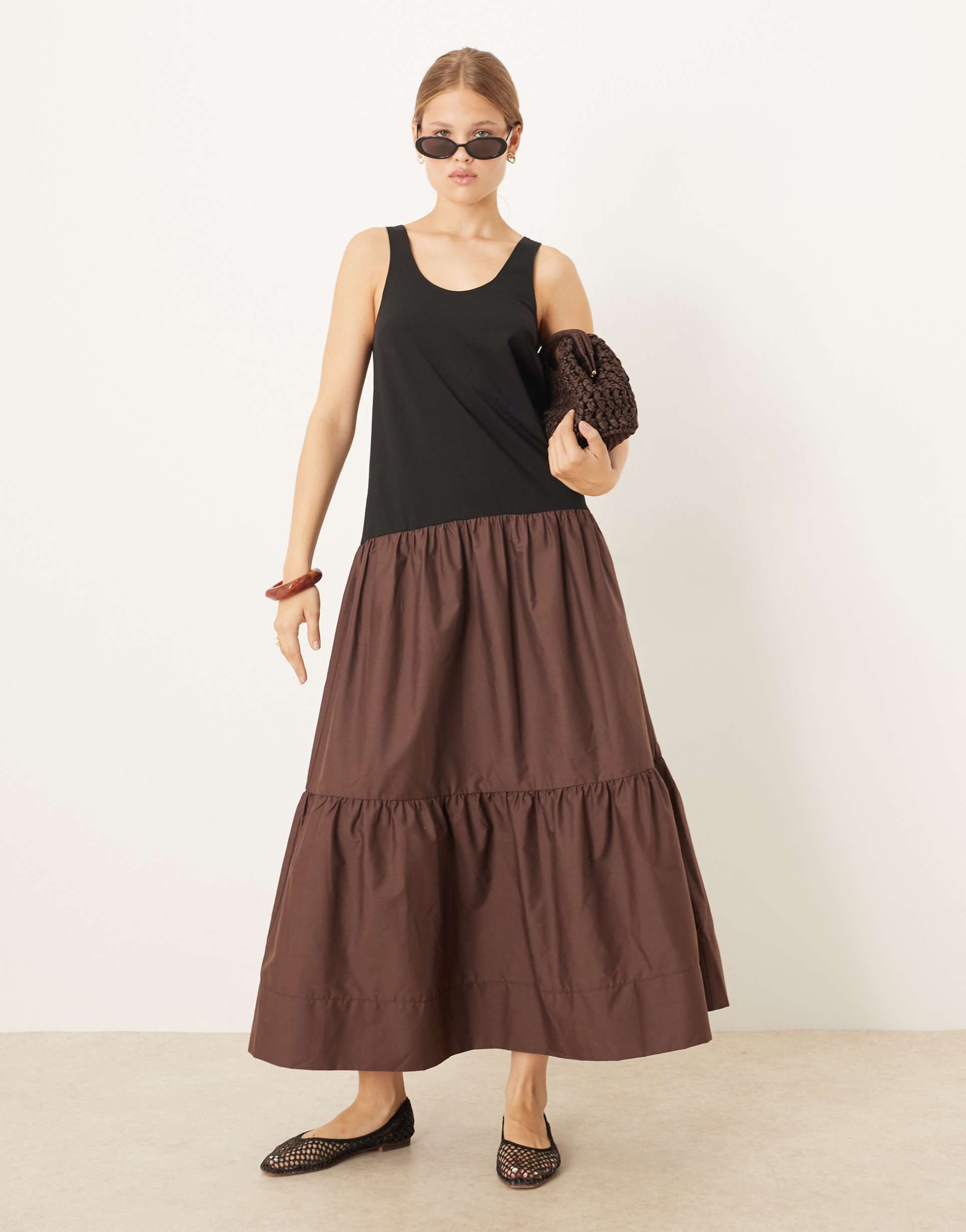 asos design scoop neck hybrid smock maxi dress in brown
