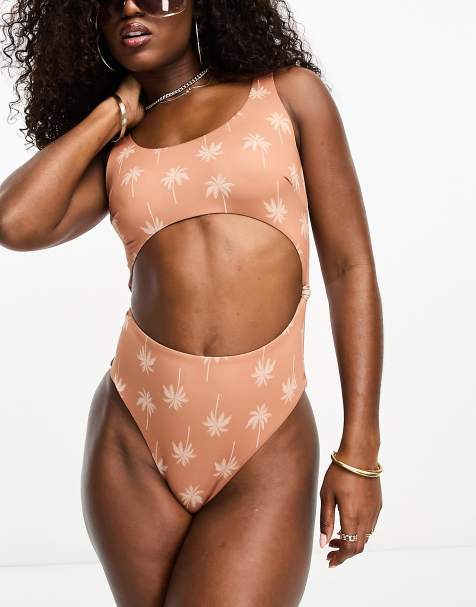 ASOS DESIGN scoop neck knot side cut out swimsuit in brown palm tree print - view 1