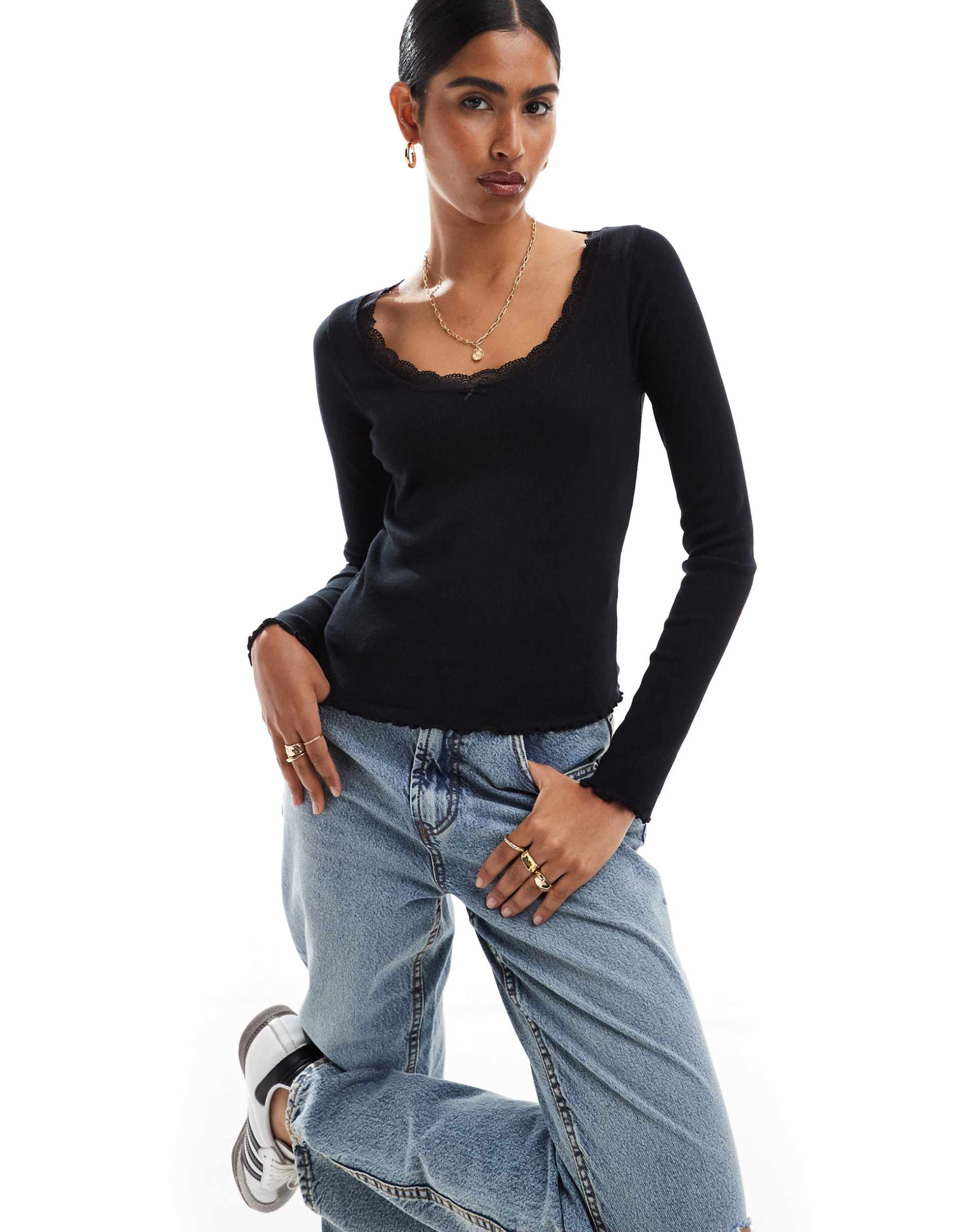 asos design scoop neck lace detail long sleeve t-shirt in black