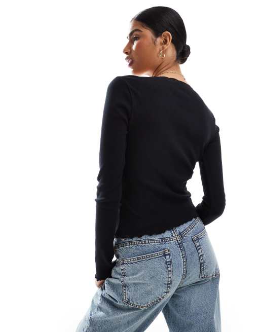 ASOS DESIGN scoop neck lace detail long sleeve T-shirt in black | ASOS