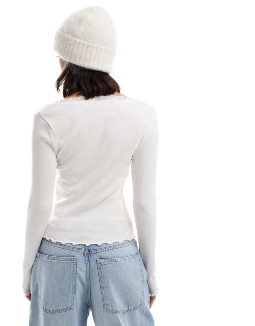 ASOS DESIGN scoop neck lace detail long sleeve t-shirt in cream