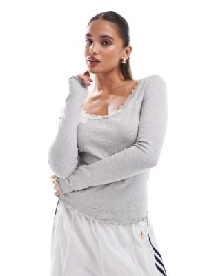 ASOS DESIGN scoop neck lace detail long sleeve t-shirt in grey