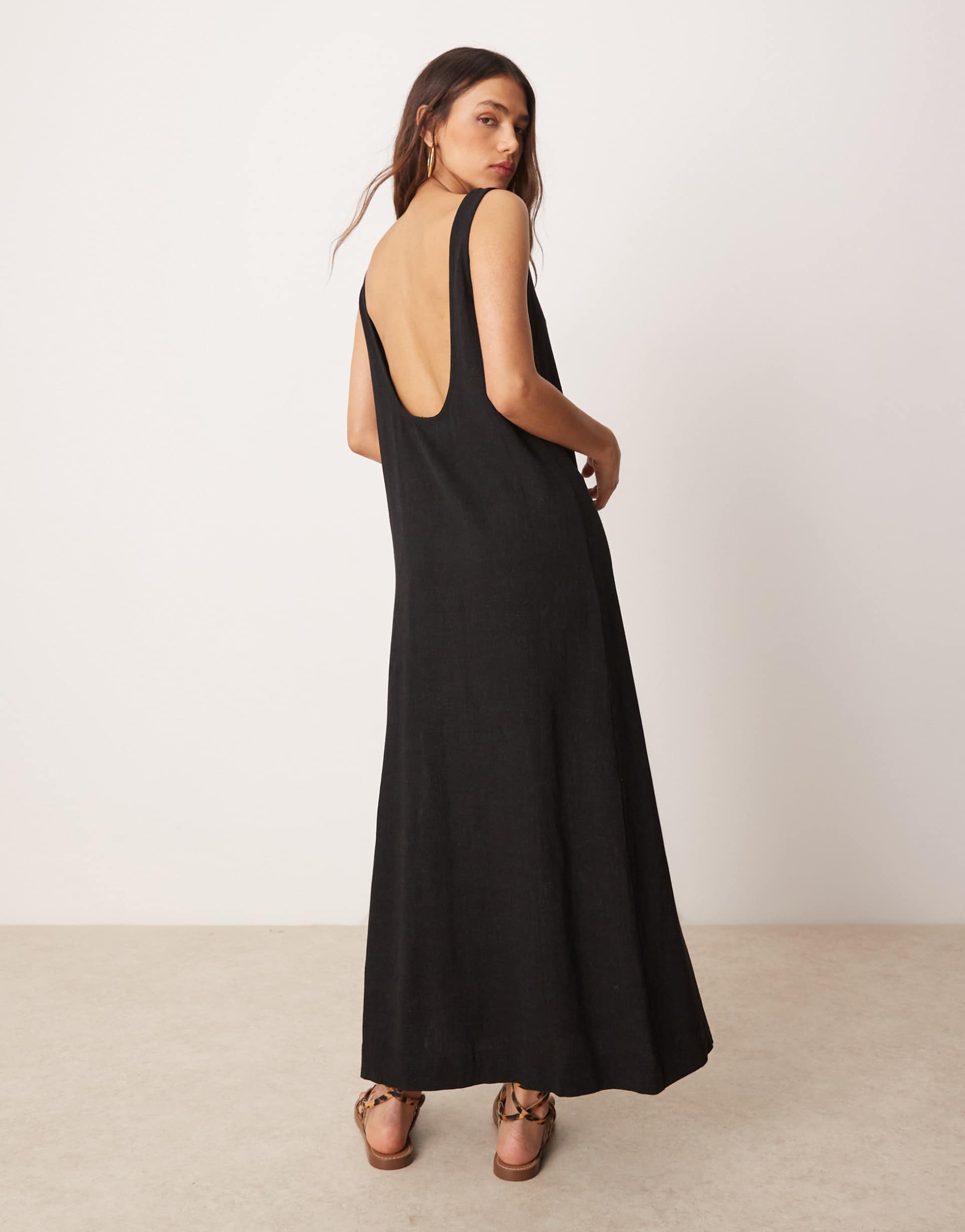asos design scoop neck linen mix midi dress in black