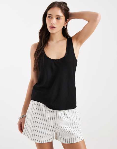 ASOS DESIGN scoop neck linen singlet in black - view 1