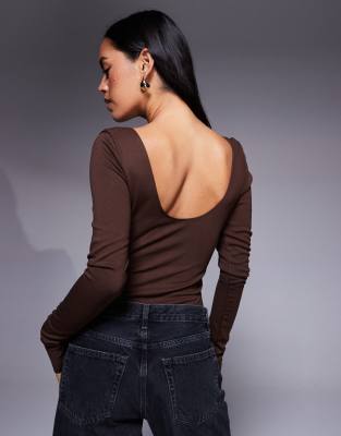Asos Design Scoop Neck Long Sleeve Bodysuit With Cup Detailing In Brown
