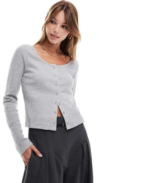 ASOS DESIGN scoop neck long sleeve cardigan in gray heather - view 1