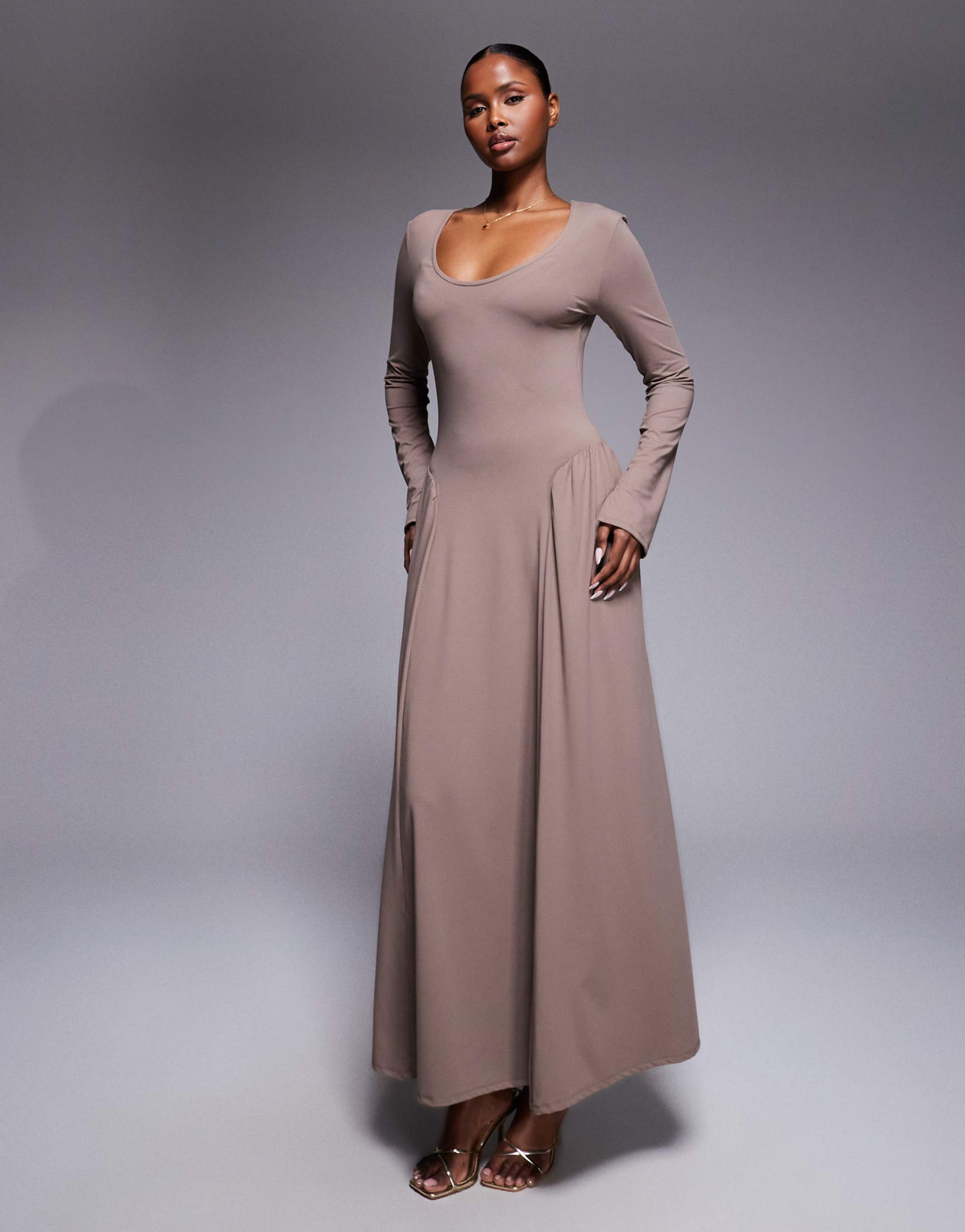 asos design scoop neck long sleeve drop waist midi dress in brown