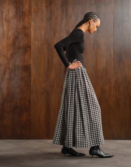 ASOS DESIGN scoop neck long sleeve hybrid maxi dress in mono plaid