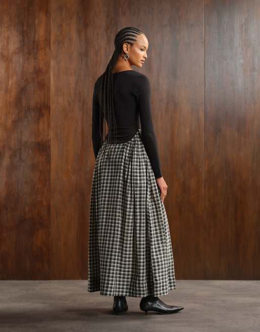 ASOS DESIGN scoop neck long sleeve hybrid maxi dress in mono plaid